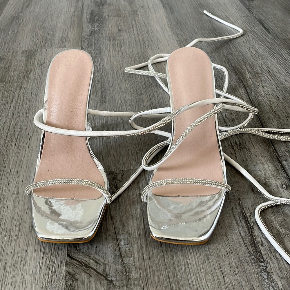 Silver Rhinestone Heeled Sandals